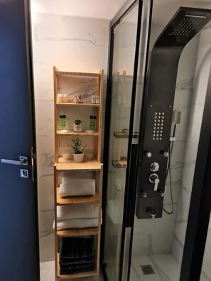 Shower, hair dryer, towels, soap