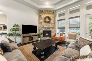 Smart TV, fireplace, video games, foosball