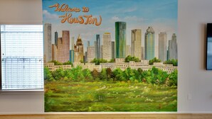 A mural of Houston's skyline with the text "Welcome to Houston" on a wall. - Houston Wall Mural,  A Getaway Escape  (Houston)