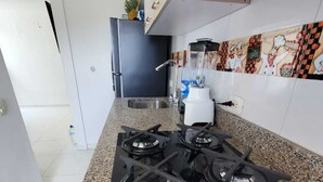 Eine Küche mit einem schwarzen Gaskochfeld, einem Mixer und einem Spülbecken.