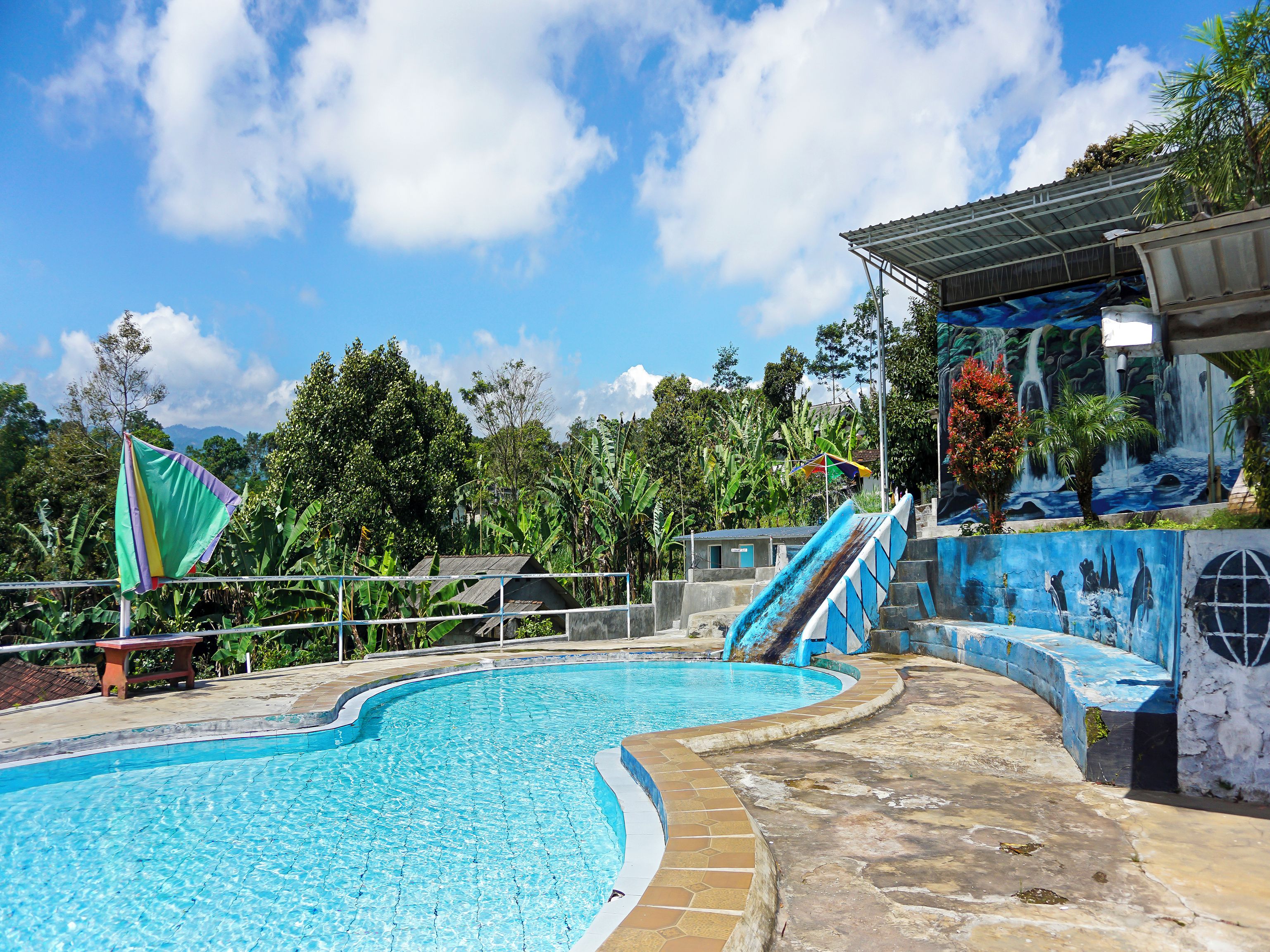 A swimming pool with a curved edge, surrounded by a stone deck.
