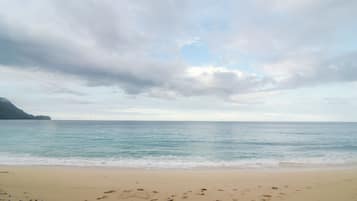 Una playa con huellas en la arena y un cielo nublado.