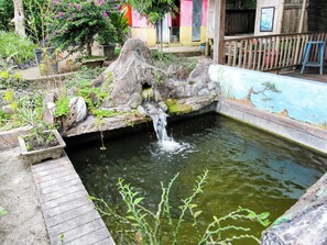 A small pond with a waterfall, surrounded by rocks and plants.