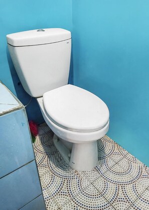 A toilet with a white seat and tank, positioned against a blue wall, on a tiled floor with a circular pattern.
