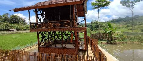 A rustic wooden structure with a balcony, surrounded by lush greenery and a water body.