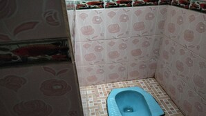 A bathroom with a blue squat toilet, patterned tiles, and a fish mural on the wall.