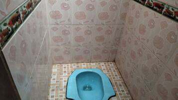 A bathroom with a blue squat toilet, patterned tiles, and a corner design.