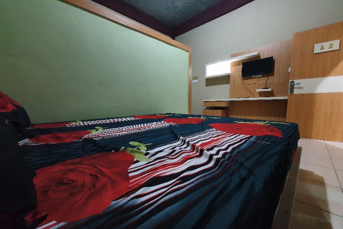 Een kamer met een bed voorzien van een gestreept dekbed, een houten garderobe en een televisie, en een groene wand.