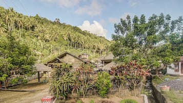 Entorno rural con casas rodeadas de abundante vegetación y una colina al fondo.