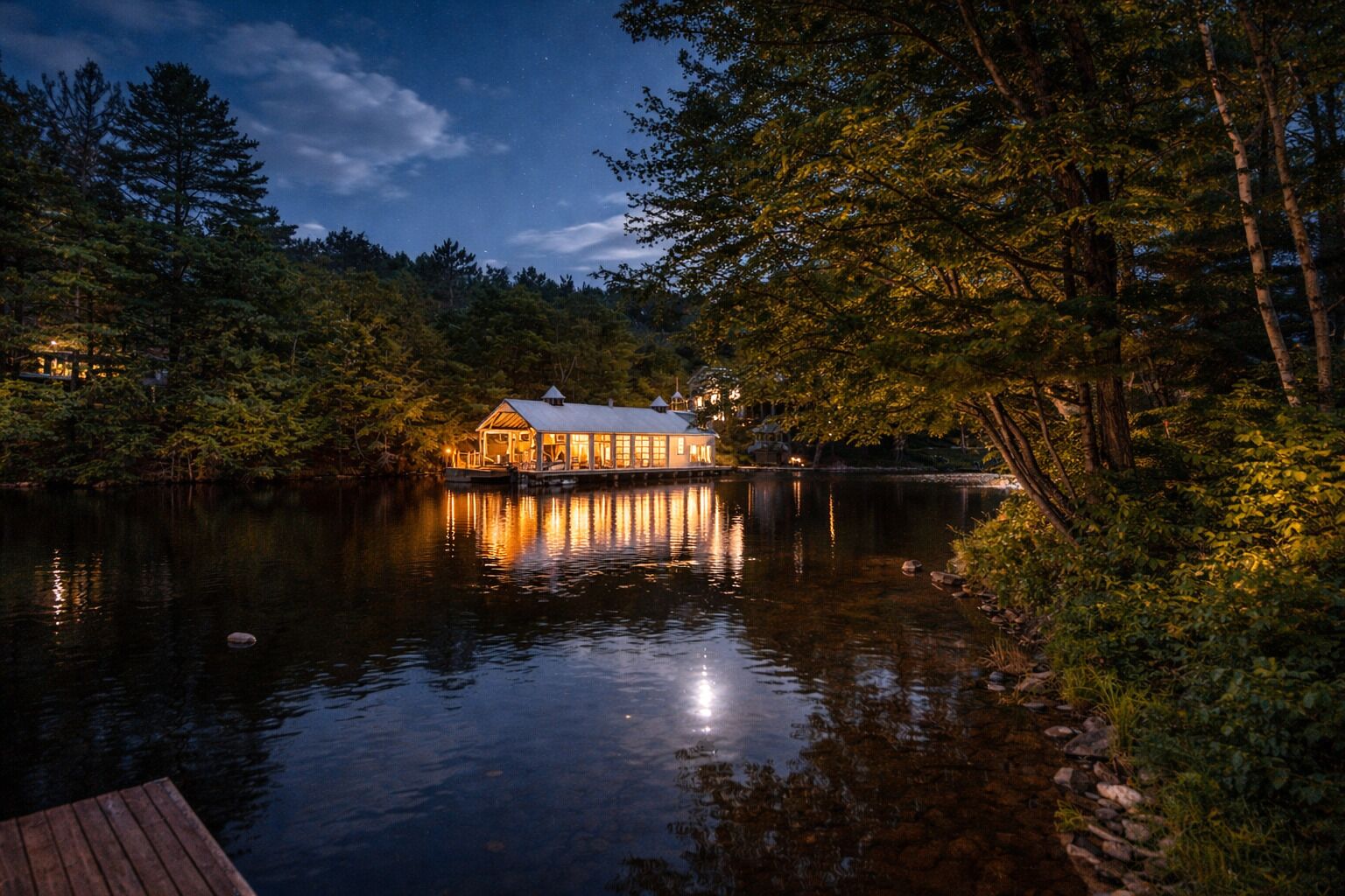 A lakeside lodge with a dock, surrounded by dense forest.
