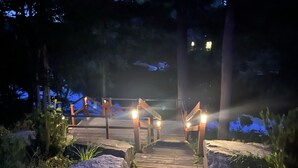 A wooden pathway leading to a wooden deck with railings, surrounded by rocks and vegetation. - Waterfront Cottage| Firepit Family Retreat 10mins to DT Huntsville & Deerhurst (Huntsville)