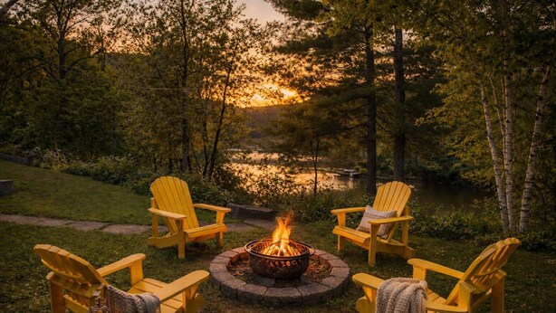 A fire pit surrounded by Adirondack chairs in a garden setting with a view of a body of water and trees. - Waterfront Cottage| Firepit Family Retreat 10mins to DT Huntsville & Deerhurst (Huntsville)
