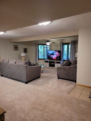 Smart TV, fireplace, books, computer monitors