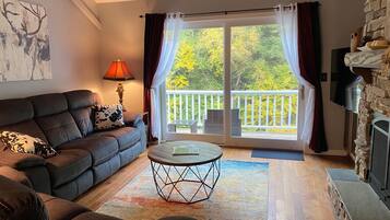 Älytelevisio, takka, kirjoja, tulostin