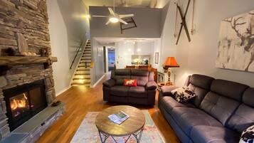 Älytelevisio, takka, kirjoja, tulostin