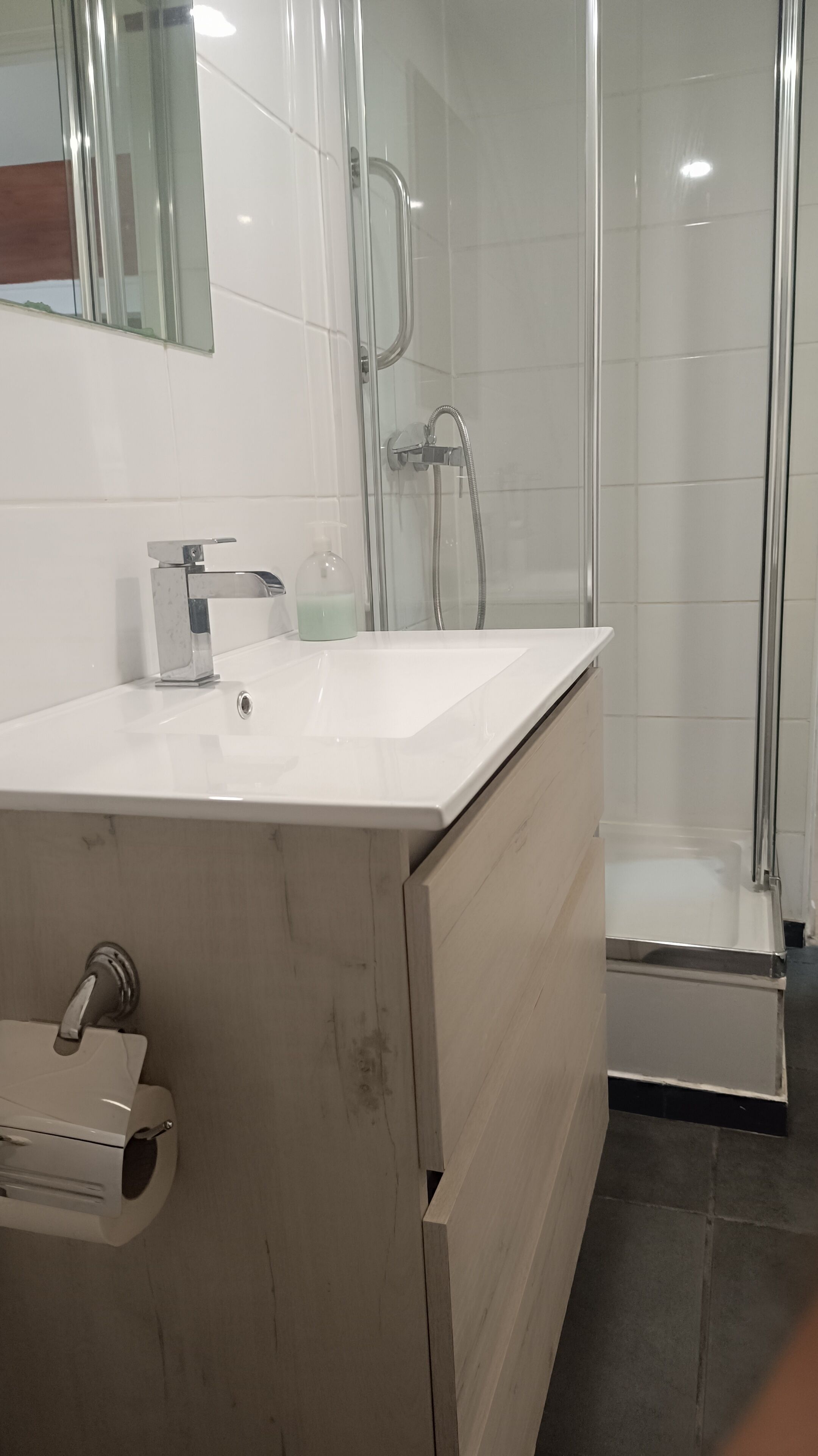 Et badeværelse med en hvid vask, en glasvægs brusekabine og et toilet.