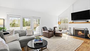 TV connectée, cheminée, livres