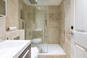 Shower, hair dryer, towels