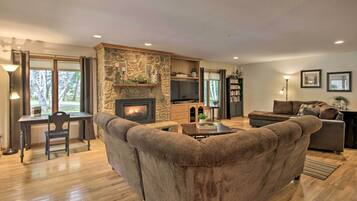 TV, fireplace, DVD player, foosball