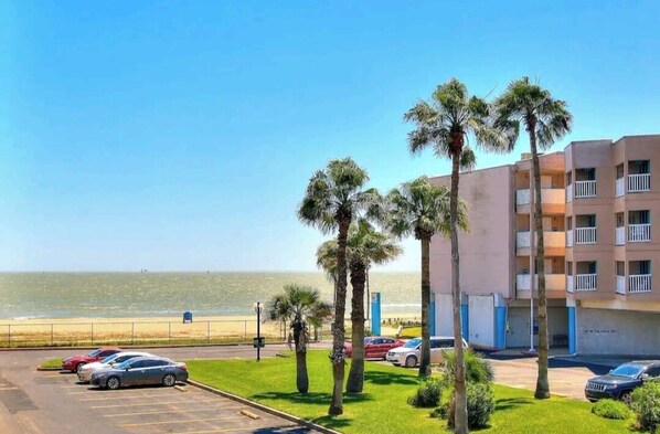 A beachfront hotel with a parking lot, palm trees, and a view of the ocean.