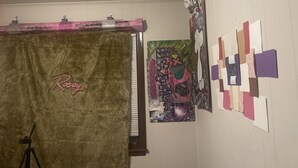A room with a fur-covered door, a tripod, and various artworks on the walls. - BK to JAX CITY GIRL —-> COUNTRY GIRL (Jacksonville)