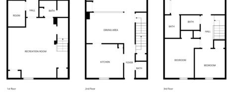 A floor plan with a living room, dining area, kitchen, bathroom, and bedrooms.