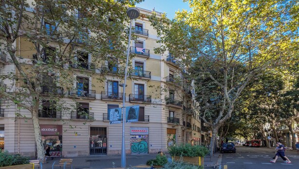 Un immeuble à plusieurs étages doté de balcons, une rue bordée d’arbres et un ciel d’un bleu limpide.