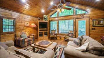 Smart TV, fireplace, foosball