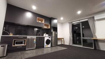 Mini-fridge, microwave, stovetop, electric kettle