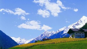 A mountain house with a sloped roof, surrounded by a green field and a snow-capped mountain in the background. - Apartment in Ramsau near Ski Slopes (Ramsau)