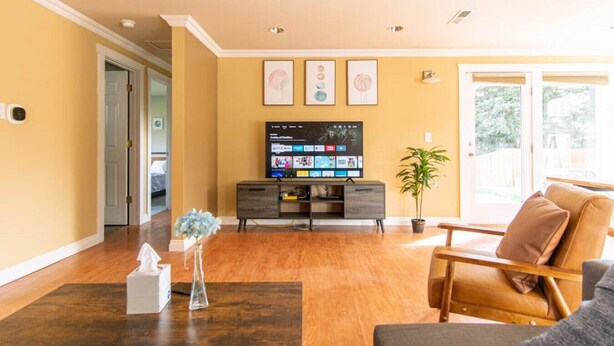 Ein Wohnzimmer mit Fernseher, einer Pflanze und einem Sofa.