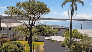 A coastal residential area with houses, a palm tree, and a view of the sea. - Echoes Luxury Residence, Pet Friendly Walk to Cafes (Woolgoolga)