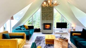 Smart TV, fireplace, DVD player, stereo