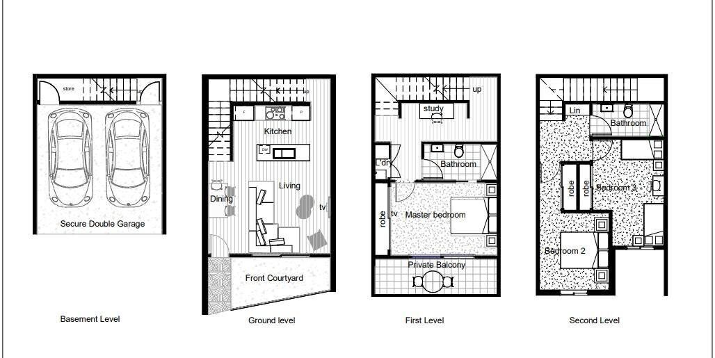 Quattro planimetrie: un garage doppio e sicuro, un piano terra con zona pranzo, un primo piano con camera da letto matrimoniale e balcone privato, e un secondo piano con due camere da letto e un bagno.