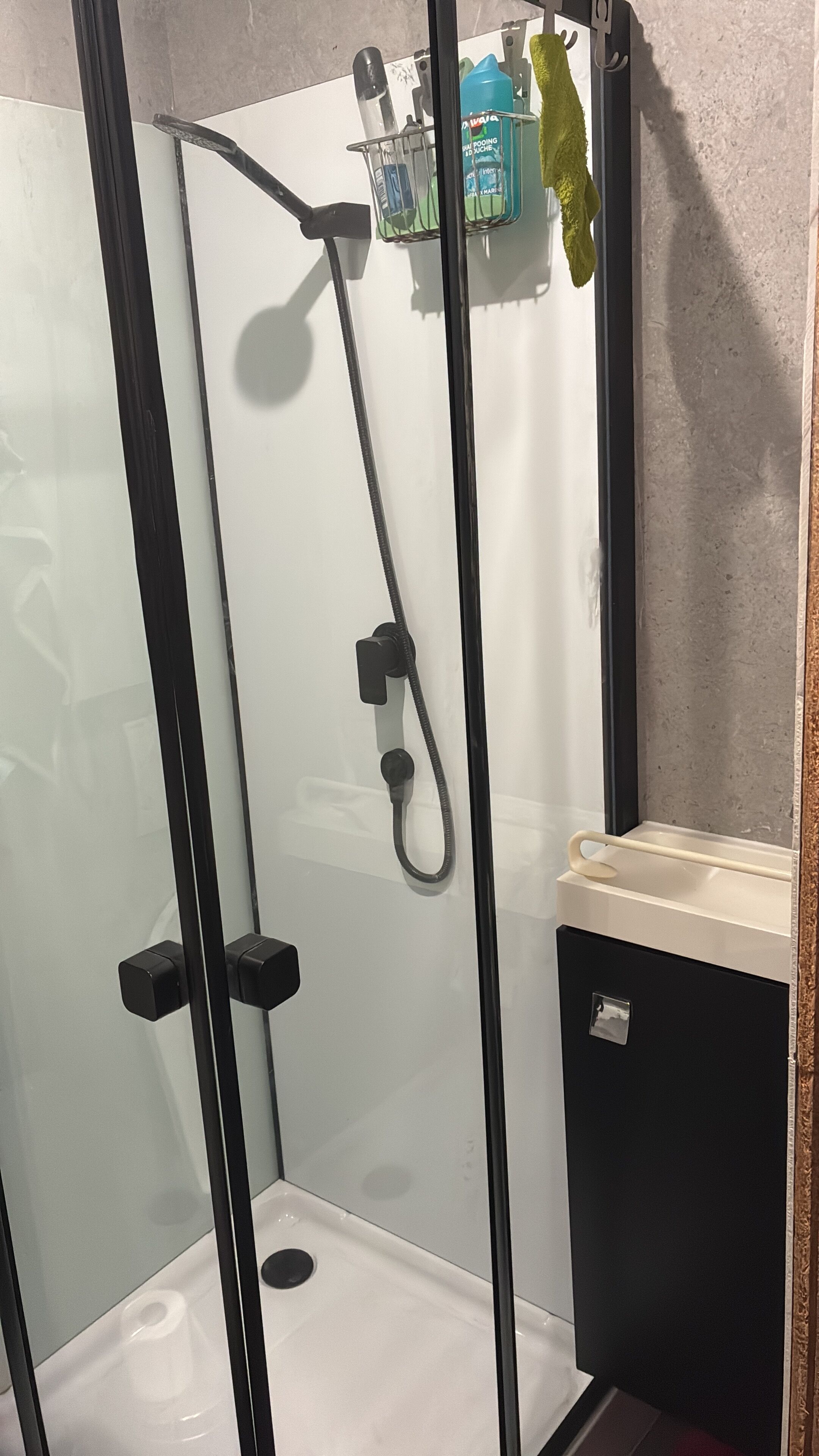 Dusche, Haartrockner, Handtücher, Seife