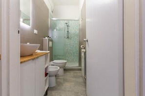 Shower, hair dryer, bidet, towels