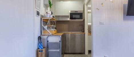 Fridge, microwave, stovetop, coffee/tea maker