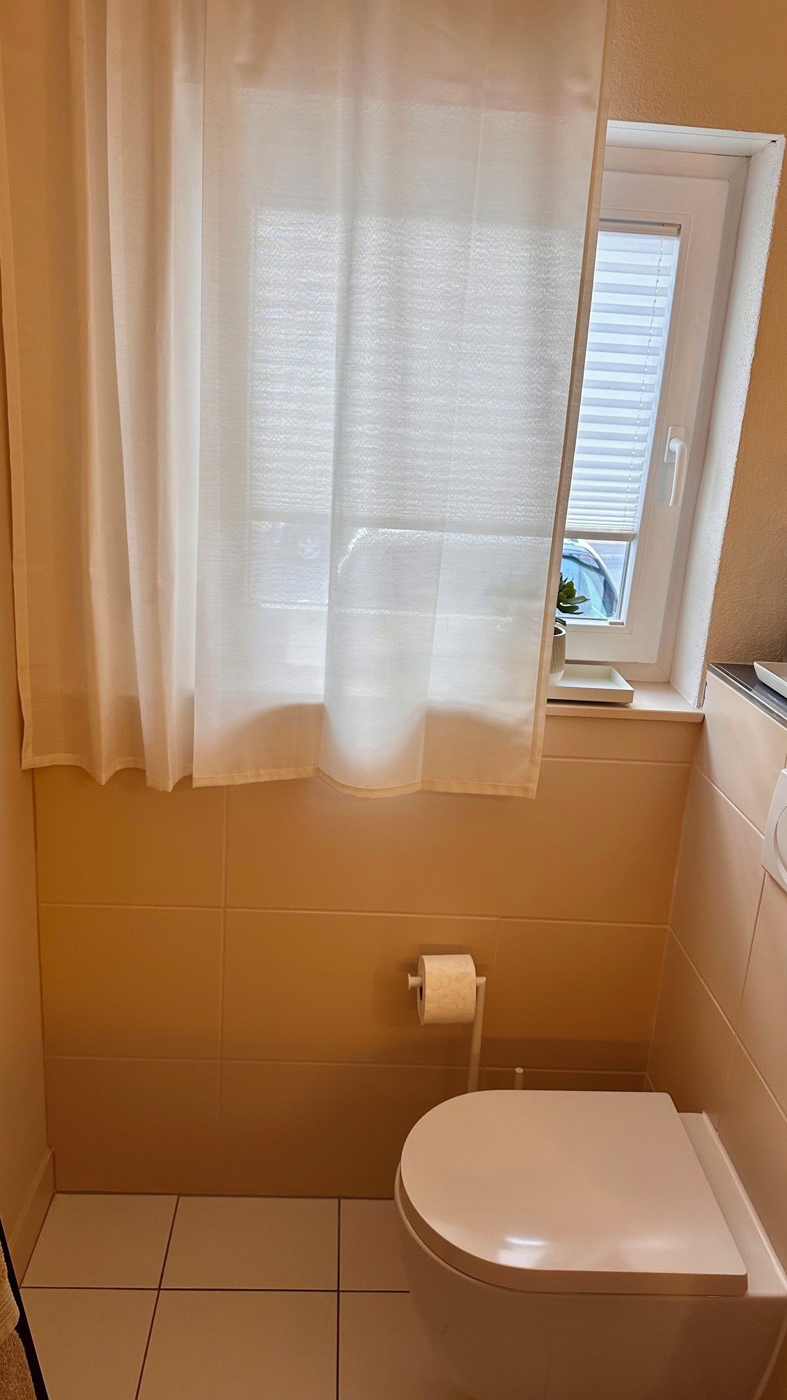 A small bathroom with a toilet, a roll of toilet paper, and a window with blinds.