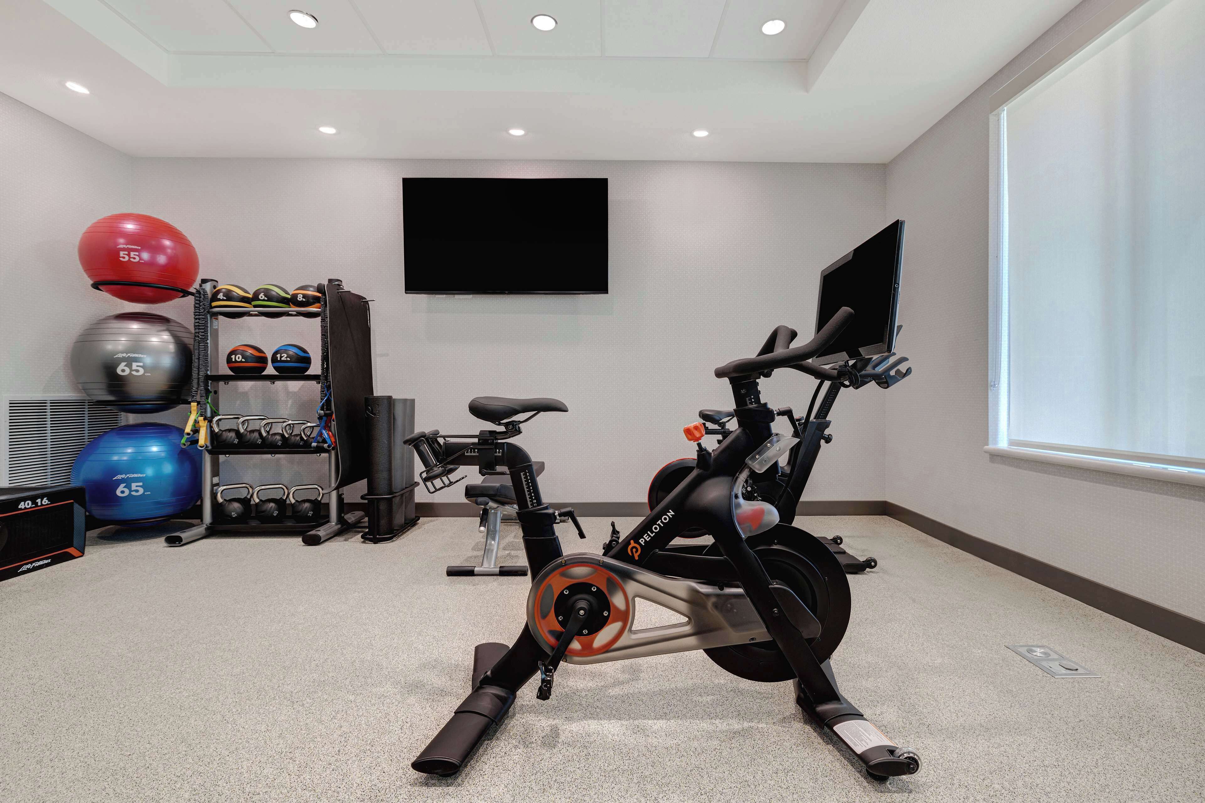 A home gym with exercise equipment, including a stationary bike, a TV, and various fitness balls.