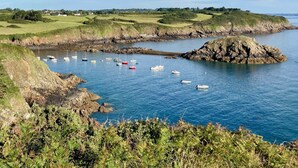 A coastal scene with boats anchored near rocky shores, grassy fields, and houses in the background. - Vacation home, 400m from the sea in a quiet, well-located area (Saint-Quay-Portrieux)