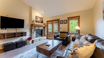 Smart TV, chimenea, reproductor de DVD, libros