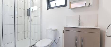 A bathroom with a glass shower enclosure, a toilet, a sink with a mirror, and a cabinet.