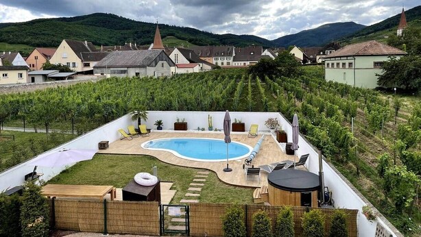 A residential area with a swimming pool, outdoor seating, and a vineyard.