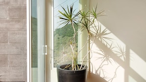 Ein Blumentopf auf einem Fensterbrett mit Blick auf eine Hügellandschaft.