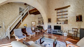 Televisión, chimenea, mesa de ping pong