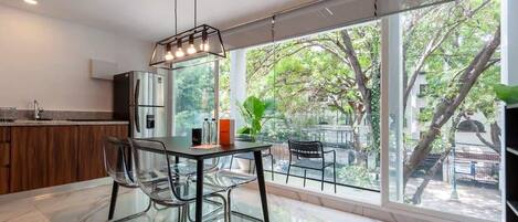 Fridge, microwave, stovetop, coffee/tea maker