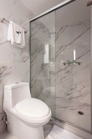 Dusche, Haartrockner, Handtücher, Shampoo