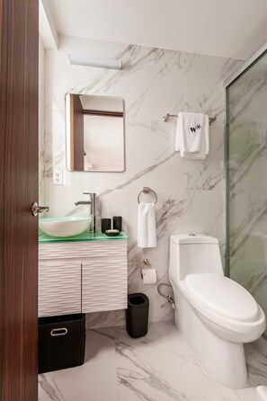 Shower, hair dryer, towels, shampoo