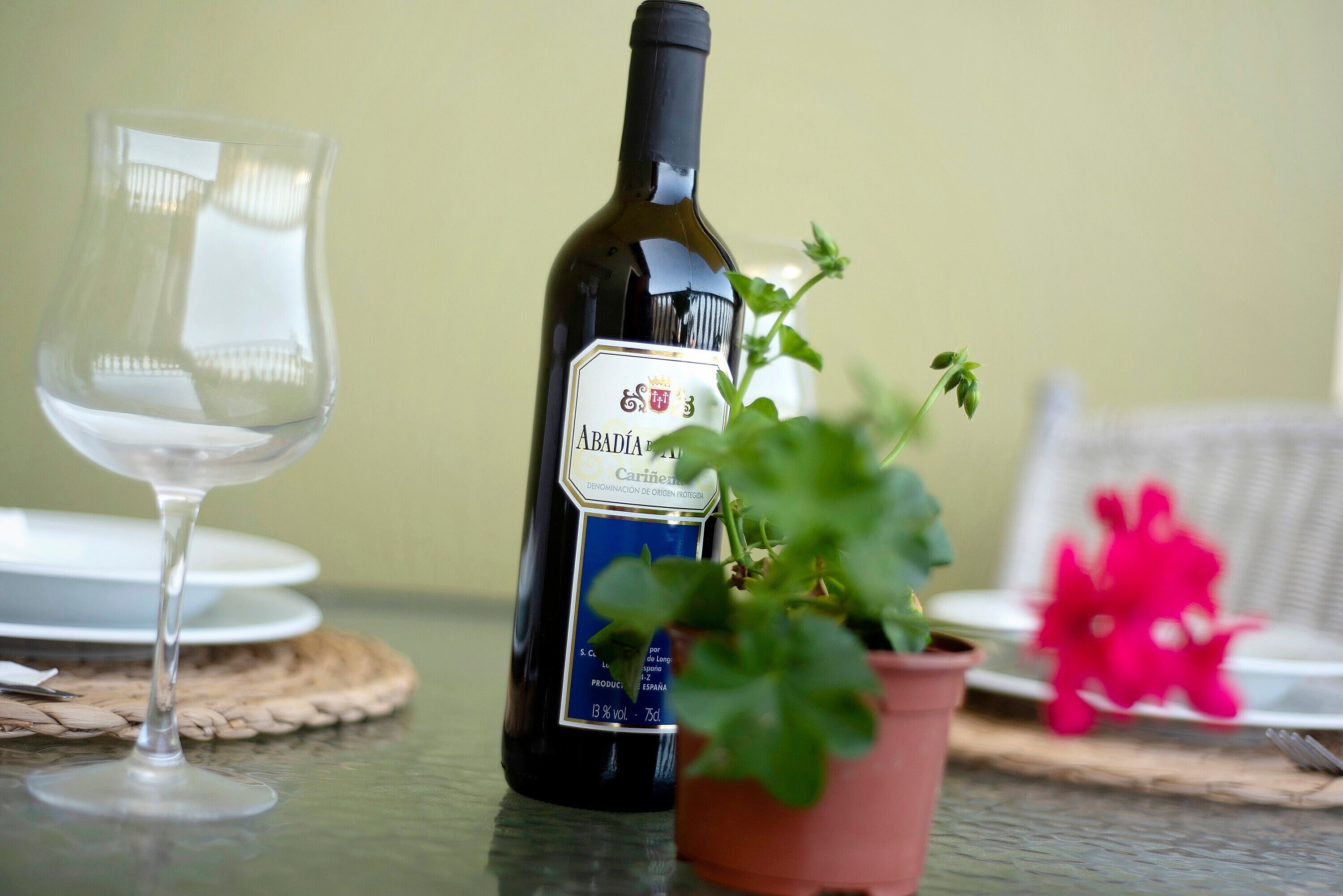 Eine Weinflasche, ein Glas und ein Topfpflanze auf einem Tisch.