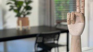 Un modelo de mano de madera sobre una superficie blanca en una habitación con una mesa negra y una planta en maceta al fondo.